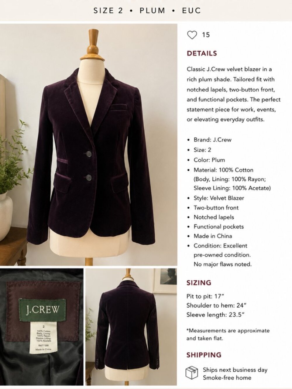 J.Crew Plum Velvet Blazer Size 2 Cotton Velvet Tailored Jacket EUC